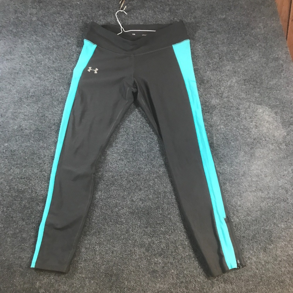 Under Armour Heatgear Leggings Womens L Black Teal Good Compression Ankle Zip